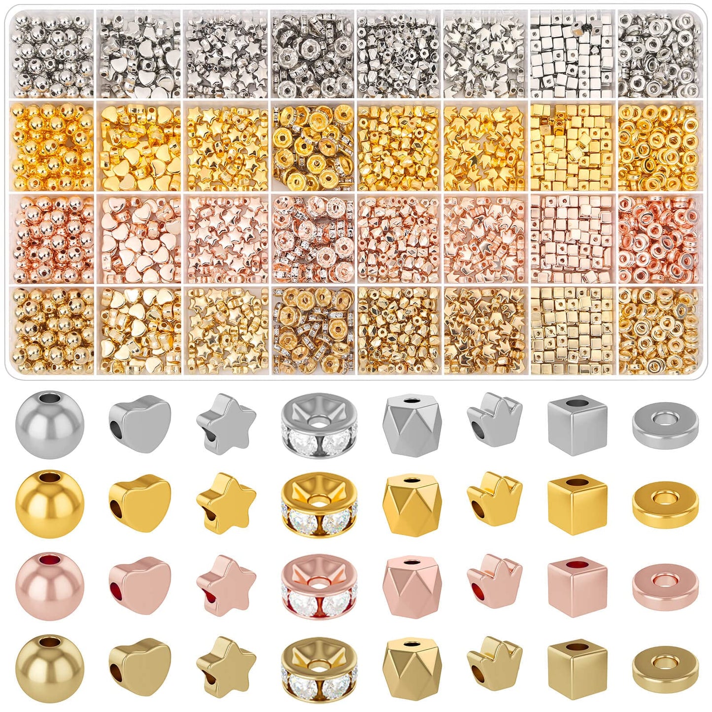 selizo 2240 Pieces Spacer Beads for Jewelry Making in 8 Styles, Assorted Gold Beads for Bracelets Making, Crafts(Gold, Sliver, Rose Gold, KC Gold)