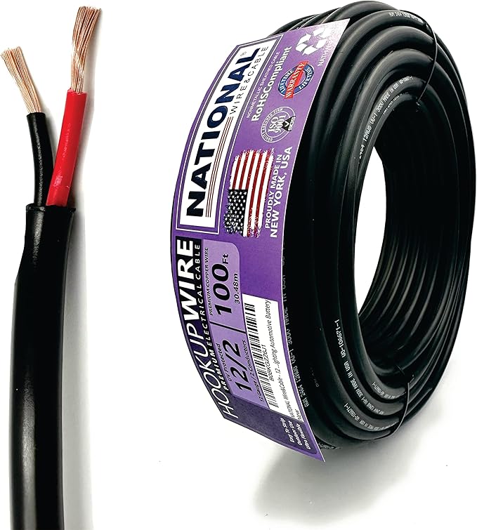 NATIONAL Wire & Cable – 12 AWG 2-Conductor Premium Copper Wire, 100 ft, Stranded | Made in USA, Heavy-Duty Flexible Jacket | Automotive, Solar, Home, RV, Indoor and Outdoor Use