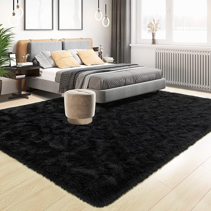Tepook Super Soft Fluffy Rug for Bedroom, Modern Shaggy Fuzzy Kids Rugs for Living Room, Plush Indoor Nursery Home Decor Dorm Carpet with Non-Slip Bottom, Black, 5 X 8 Feet