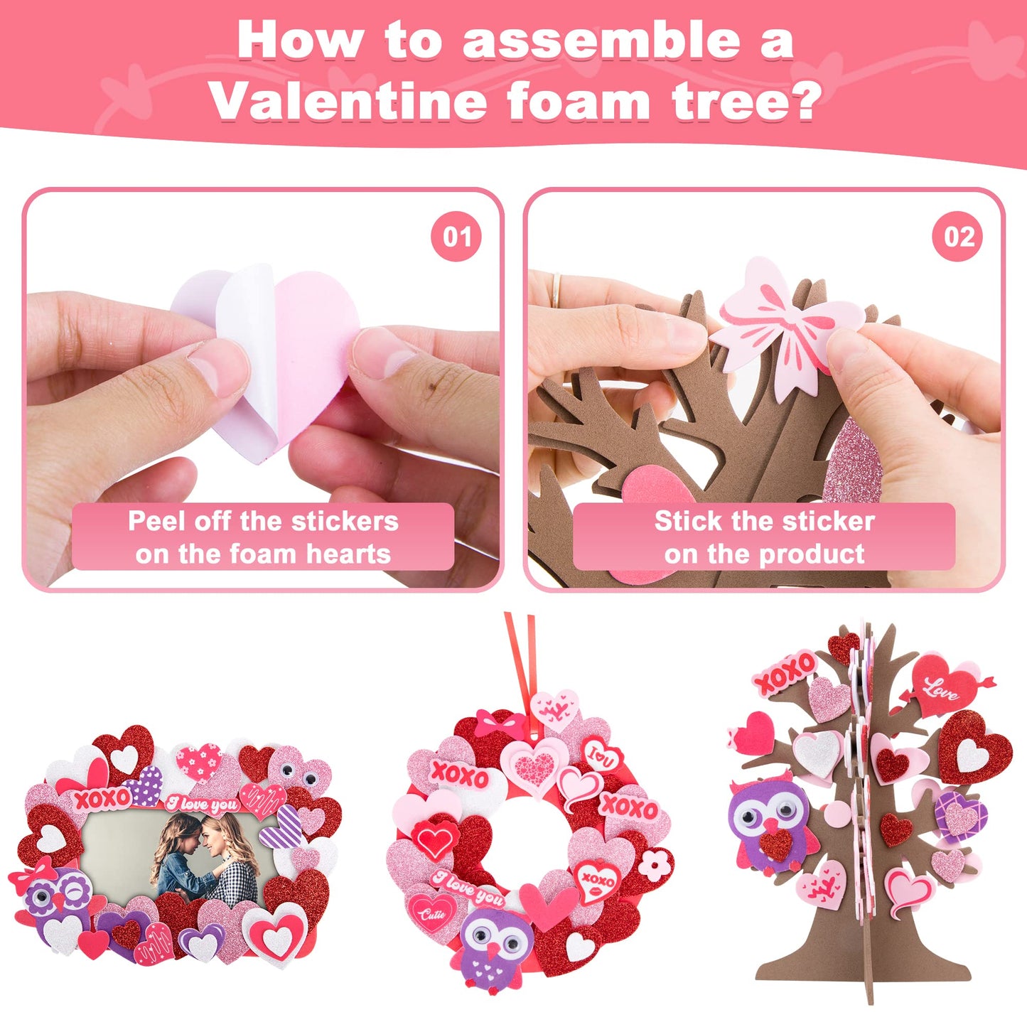 798 Pcs Valentines Day Crafts, 18 Sets DIY Valentines Foam Craft Set, Self Adhesive Glitter Foam Stickers Photo Frames Wreath 3D Love Heart Tree, EVA Foam Stickers Kits for School Home Decor