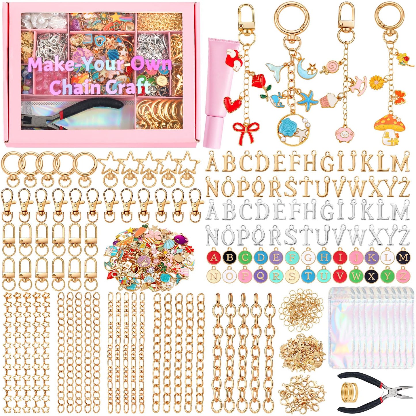 JOICEE 585Pcs Charms lip Gloss Keychain Making Kit, DIY Jewelry Crafts Making Kit with 192 Enamel Pendants 30 KeyChain Hooks 30 Chains and 333 Accessories Tools for Girls Adults Birthday Holiday Gifts