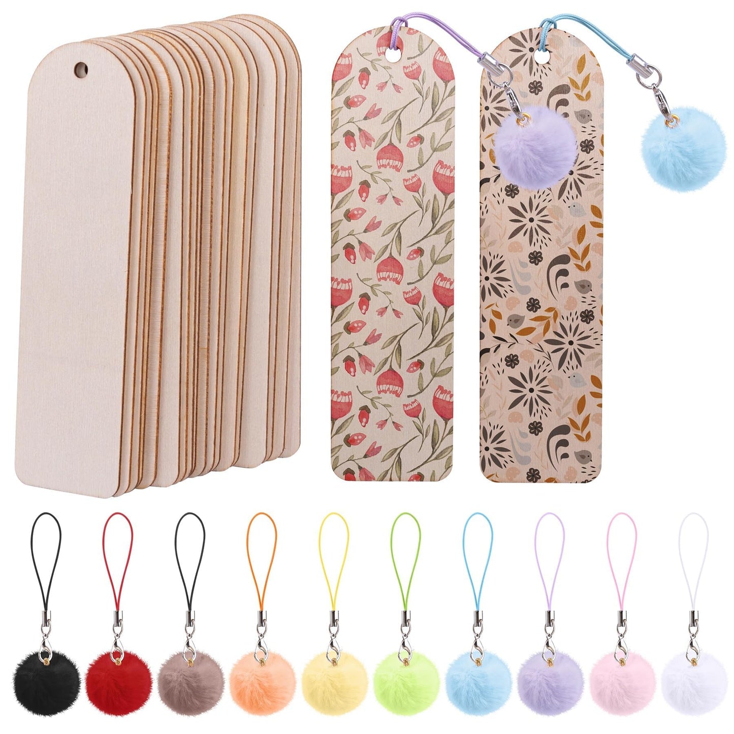 KINCHYGO, 50 Set Wooden Bookmarks Blank Unfinished Blank Bookmarks with Colorful Pom Pom Bookmark Tassels for DIY Crafts