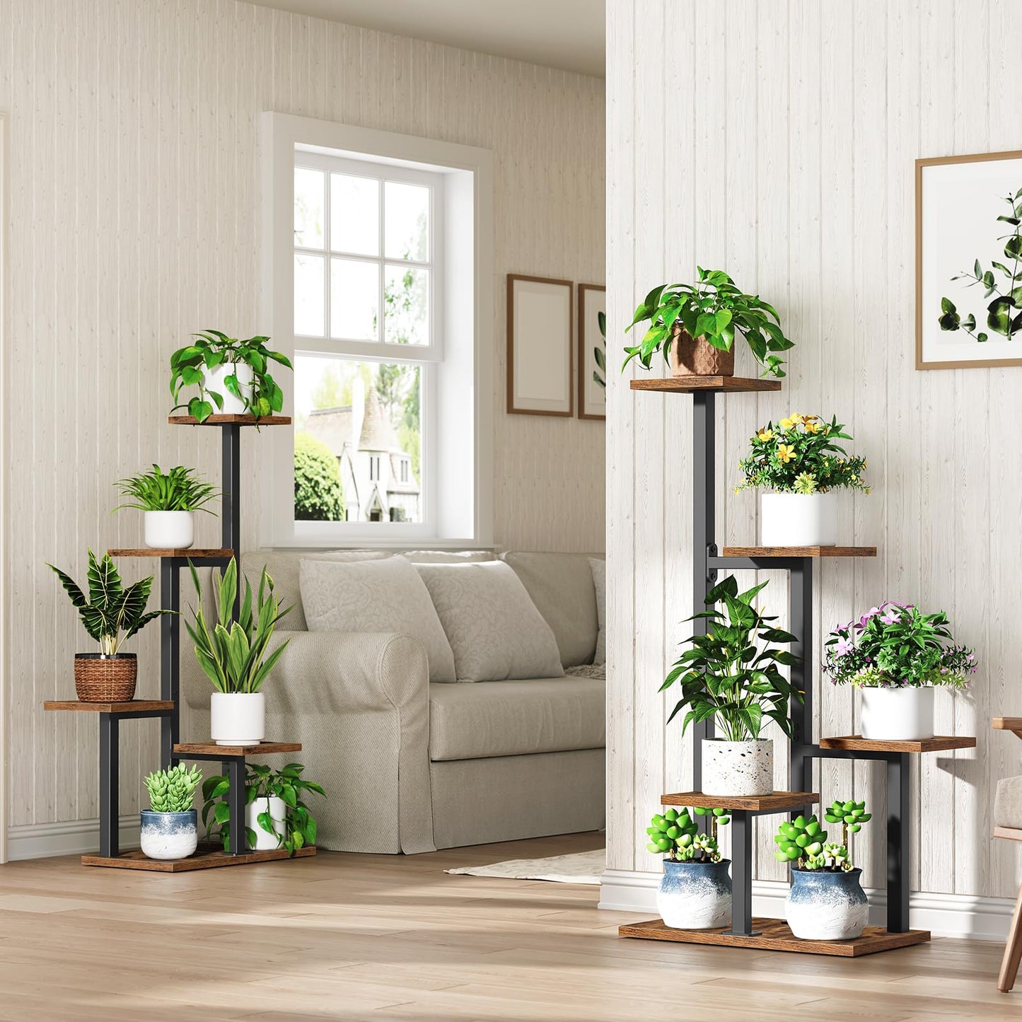 MAHANCRIS Plant Stands Indoor Set of 2, Metal Corner Plant Stand for Multiple Plants, 5 Tier Plant Shelves for Living Room, Home, Patio, Rustic Brown and Black PSHR0101S2