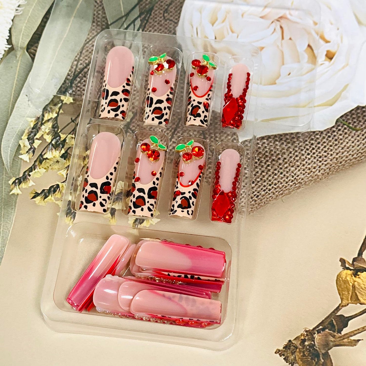 FIEONCIY Press on Nails Coffin Long Length Acrylic Glossy Full Cover Square Shaped French False Nails with Designs Artificial Extra Long Fake Nails with Charms Glue ons Fingernails for Women(AA132)