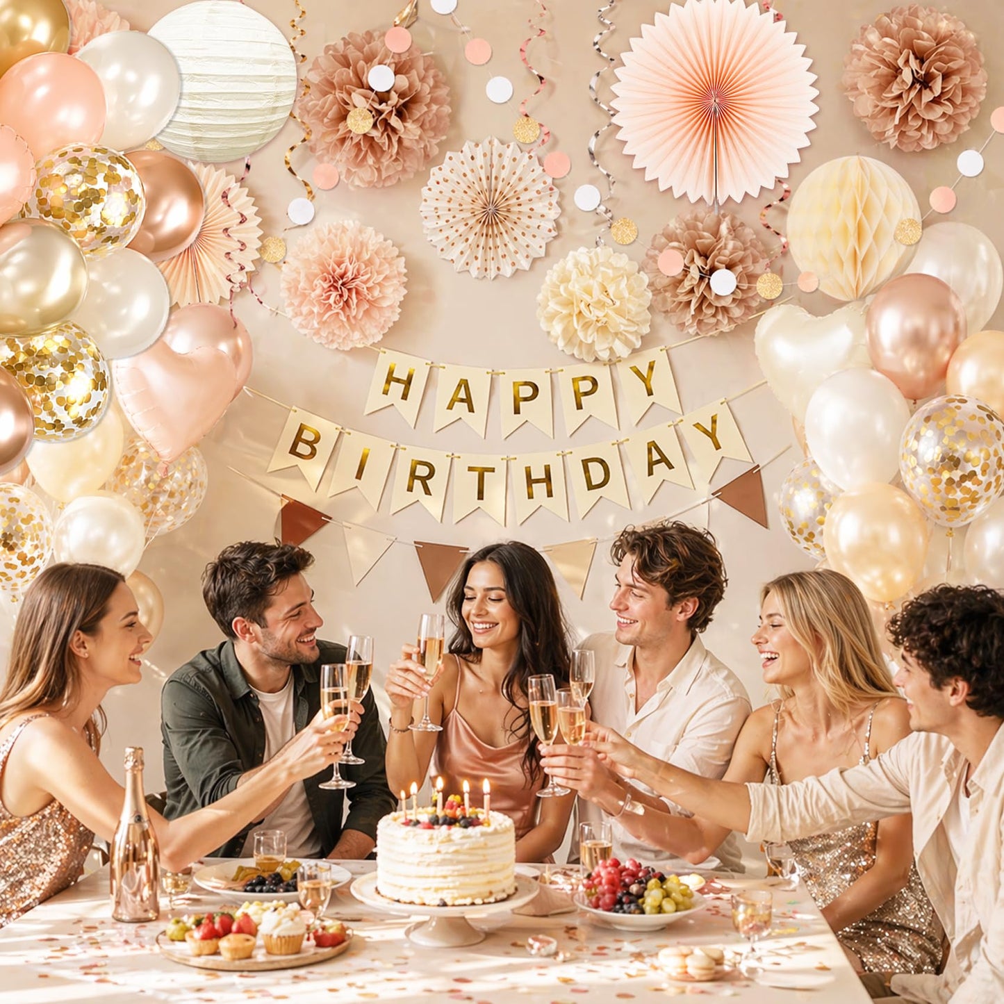 64Pcs Birthday Party Decorations Happy Birthday Banner, Paper Lanterns, Streamers, Tissue Pom Poms, Party Balloons, Rustic Backdrop Decor (Champagne-Gold Beige)