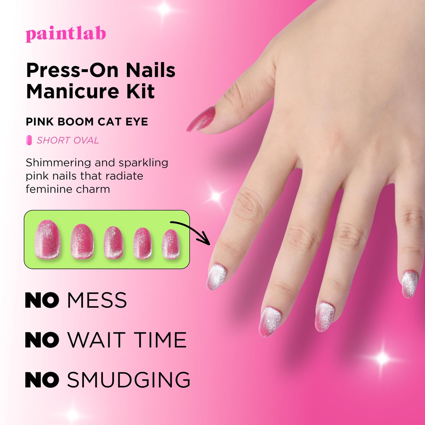 PaintLab Press-On Nails Manicure Kit, Pink Boom Cat Eye, 30-Piece Set, Long-Lasting Fake Nails with Glue, File, Prep Pad & Cuticle Stick