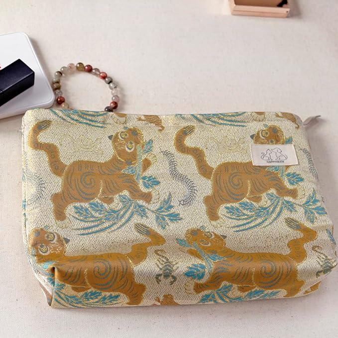 HAPPYHEIDI Cute Pouch Makeup Bag Cosmetic Toiletry Travel, Tote Purse Organizer, Machine Washable, Large Capacity, Champagn Golden Brown Baby Tiger