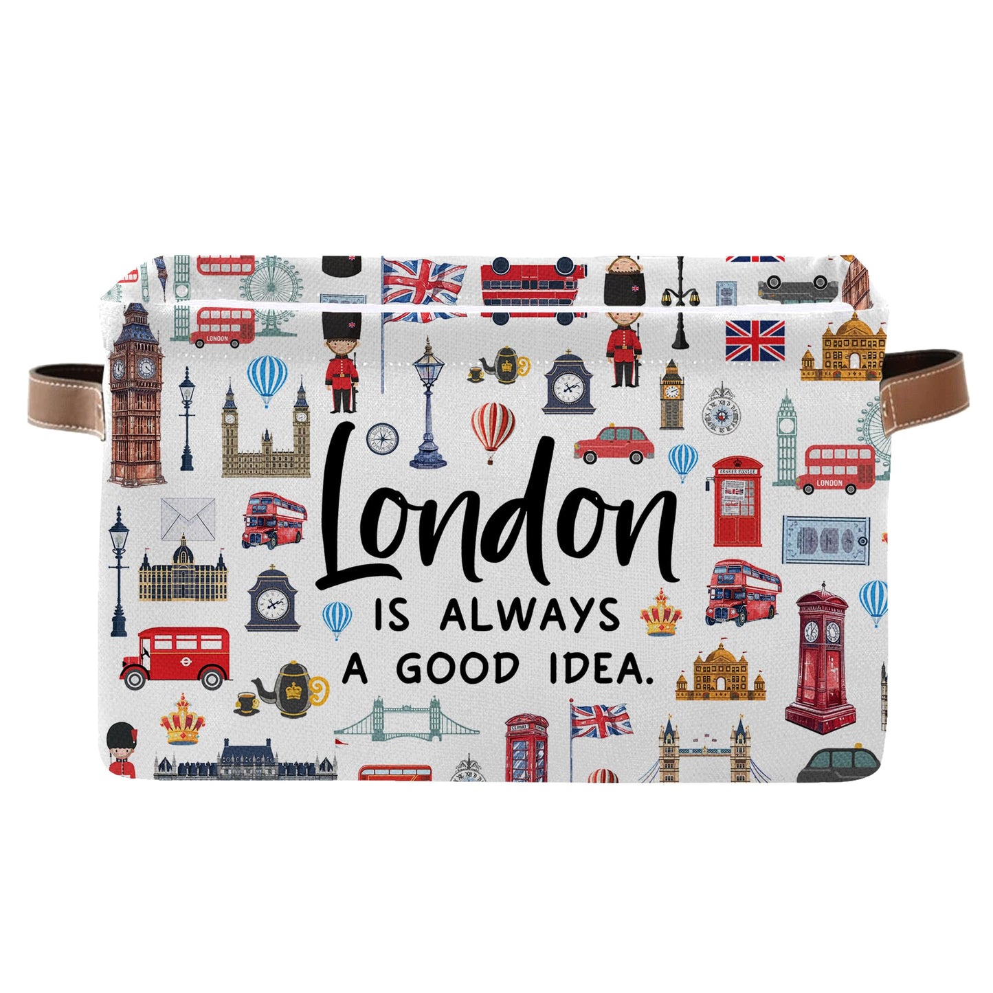 JOPJOLIW London Themed Storage Basket, Collapsible Souvenir Bin with Handles for London Lovers -Red Bus & Big Ben Print Organizer for Travel Keepsakes, Kids Room, London Travel Gifts