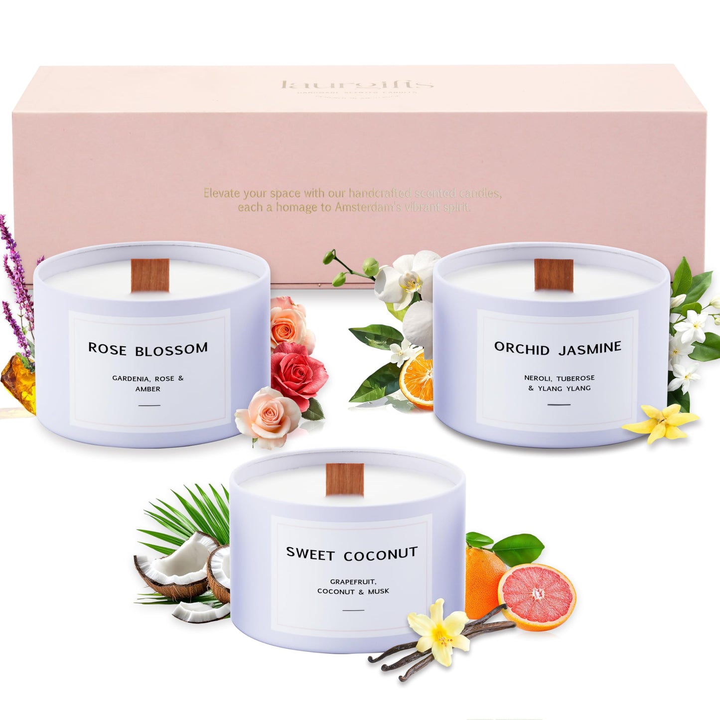 Luxury Candle Gift Set for Women – Luxury Candle Box with 3 Scented Soy Candles in Pink Box – Mother's Day, Birthday & Housewarming Gift