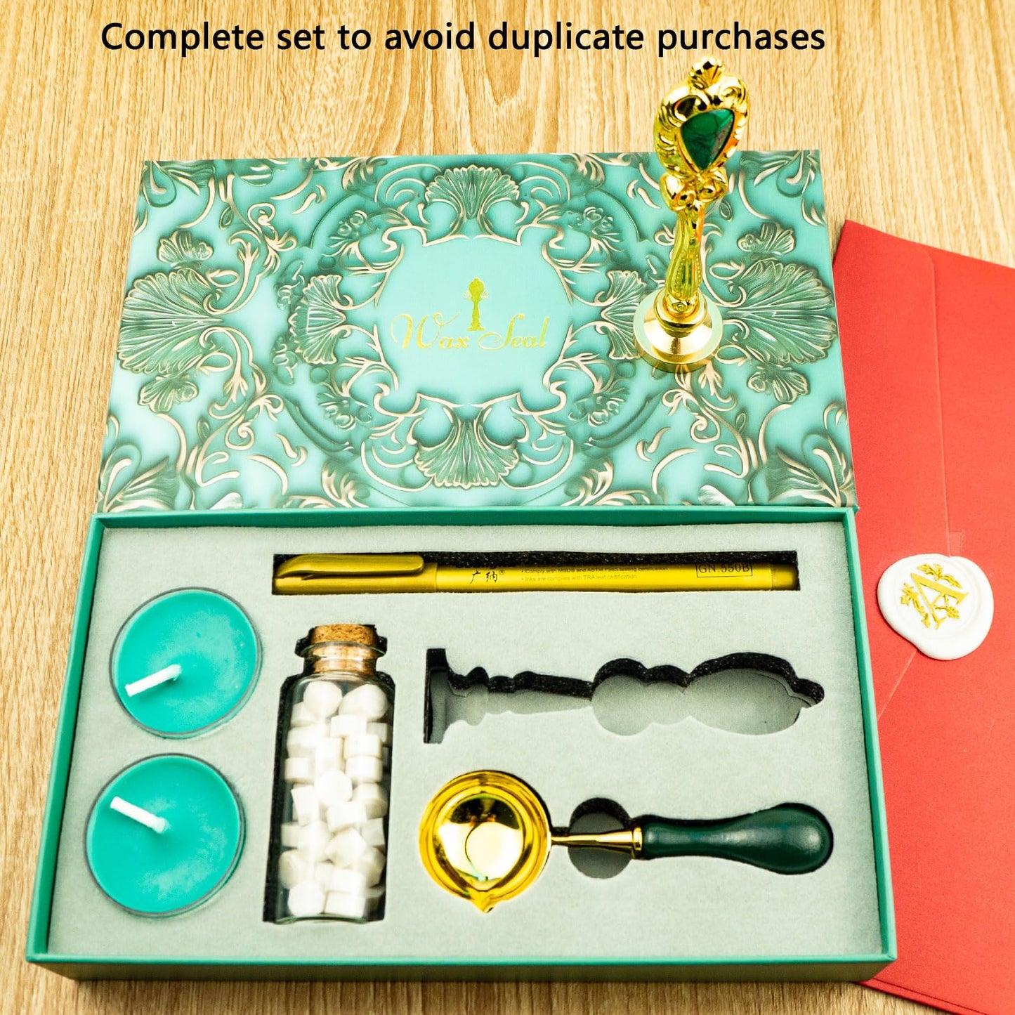 Letter Wax Seal Stamp, Ioggtser Alphabet R Wax Seal Stamp Set Including 1Pcs Copper Head with Iron Handle, 60 Pcs Wax Seal Beads, 1Pcs Wooden Melting Spoon, 2Pcs Candles, 1Pcs Wax Seal Pen