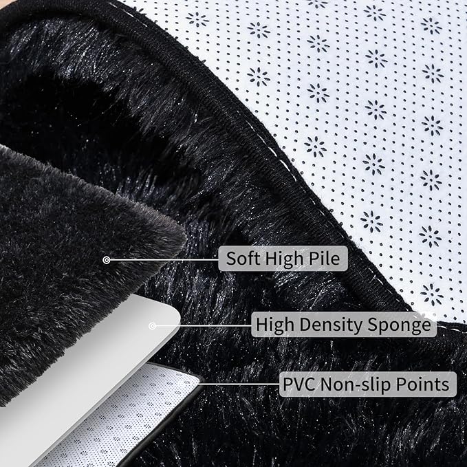 Soft Runner Rugs for Bedroom Hallways, 2x3 Black Fluffy Shag Throw Area Rug Non Slip for Bedside Dorm, Long Shaggy Furry Carpet for Nursery Living Room