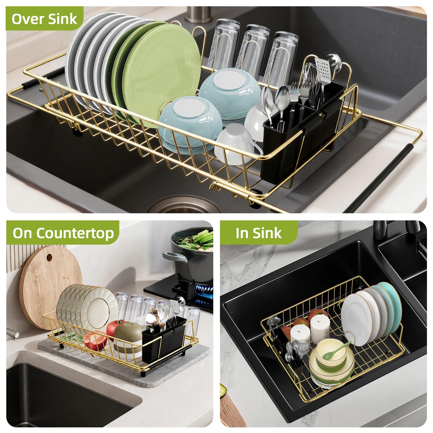 HAYAWEY Golden Expandable Dish Drying Rack-Extra Large Stainless Steel Dish Drainer Over The Sink for Kitchen Countertop with Utensil Holder, Applicable for Sink Width 16'-22' (Gold,23.2'*12.2')