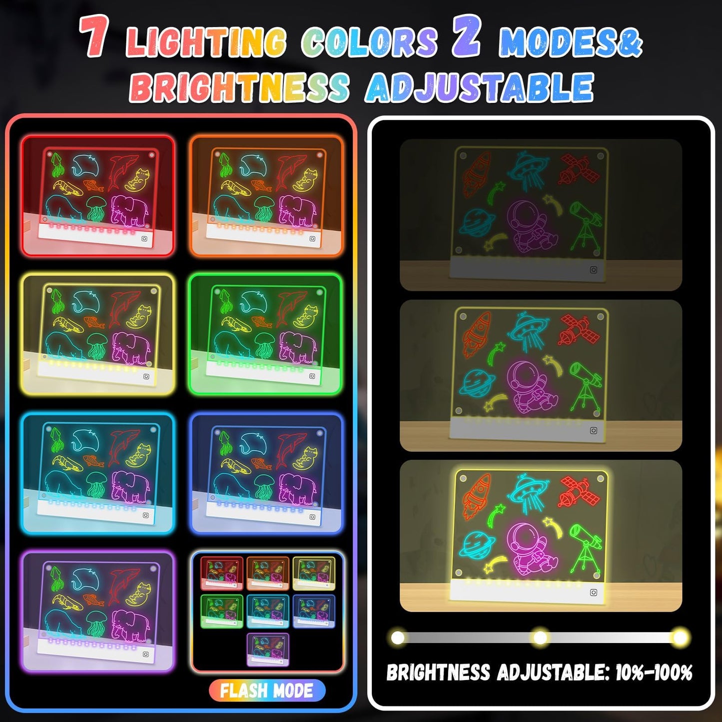 2pack Rechargeable LED Drawing Board for Kids with 7 Colors, Magnetic LED Note Lumi Board with 4 Magnets and Invisible Stand, Light up Acrylic Dry Erase Board Gift Toy for Kids/Girls