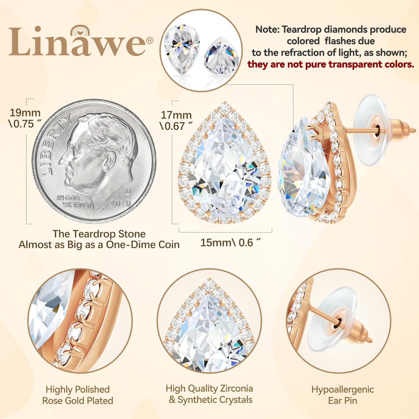 Linawe Imitation Diamond Moissanite Cubic Zirconia Stud Earrings, Rose Gold Earrings Studs for Women Wedding, Teardrop Rhinestone Crystal Clear Piercing Jewelry Formal Dainty Sparkly