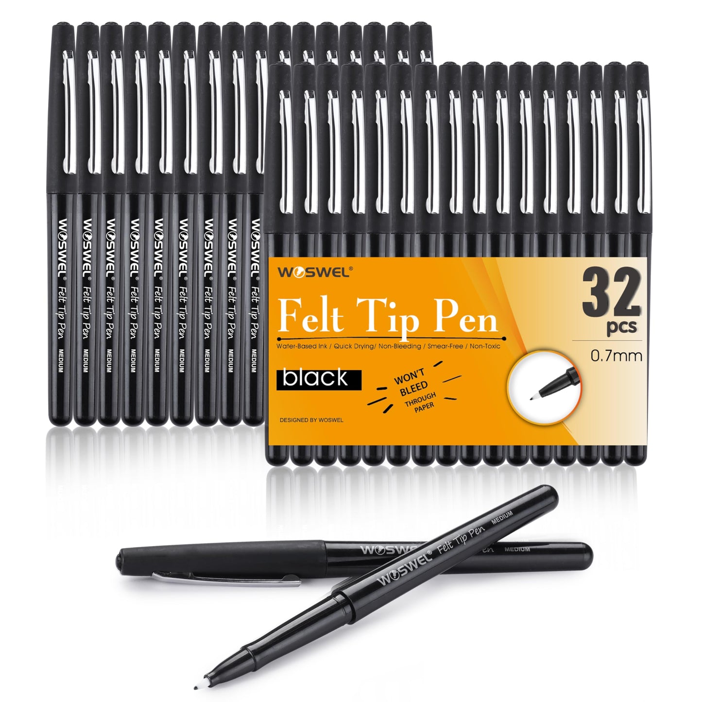 WOSWEL Black Felt Tip Pens, 32 Black Pens, 0.7mm Medium Point Felt Tip Markers Pens for Journaling, Note Taking, Planner, Writing,Drawing.Perfect for Art Office and School Supplies