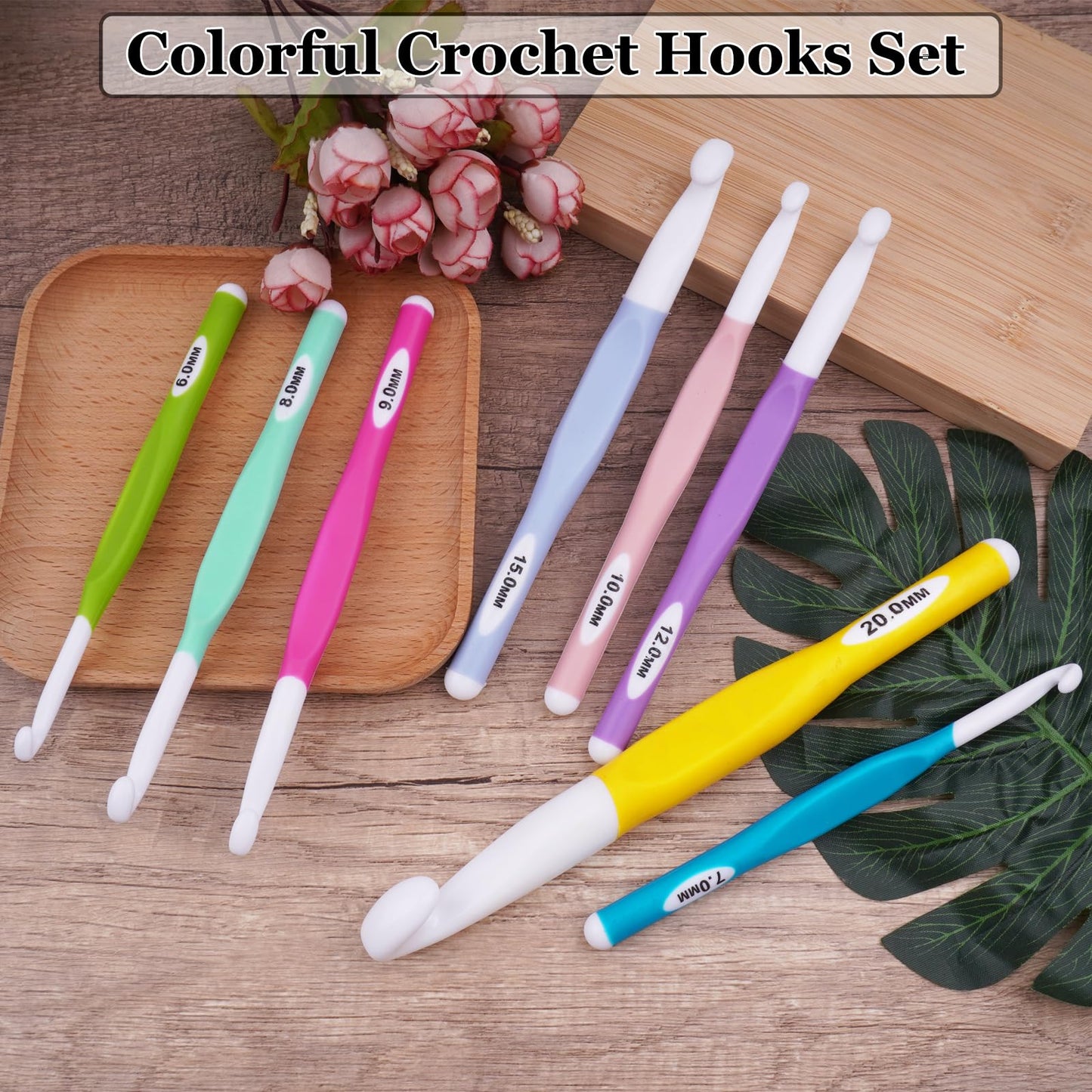 Hobekoee 36Pcs Crochet Hooks Set with Case,8 Sizes Ergonomic Crochet Hooks for Arthritic Hands,Long Crochet Needles 6mm-20mm Crochet for Weaving Blankets,Coaster,Bag