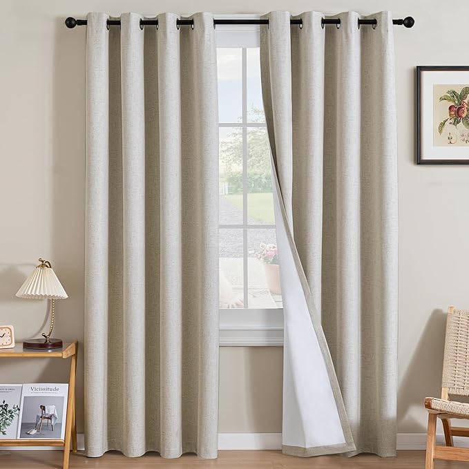H.VERSAILTEX Linen Curtains 100% Blackout Curtains for Bedroom 96 inch Long Full Light Blocking Nature Linen Blended Window Curtains for Living Room Nickel Grommet (2 Panels, Heathered Linen)