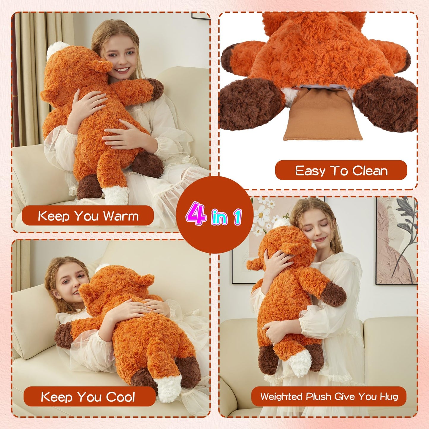 GILFWM 25" 5 Lbs Weighted Stuffed Animals Fox, Heatable and Coolable Weighted Plush with Microwavable Heating Pad,Removable Soft Washable Cute Plushie Pillow Toy Gifts for Adults and Kids