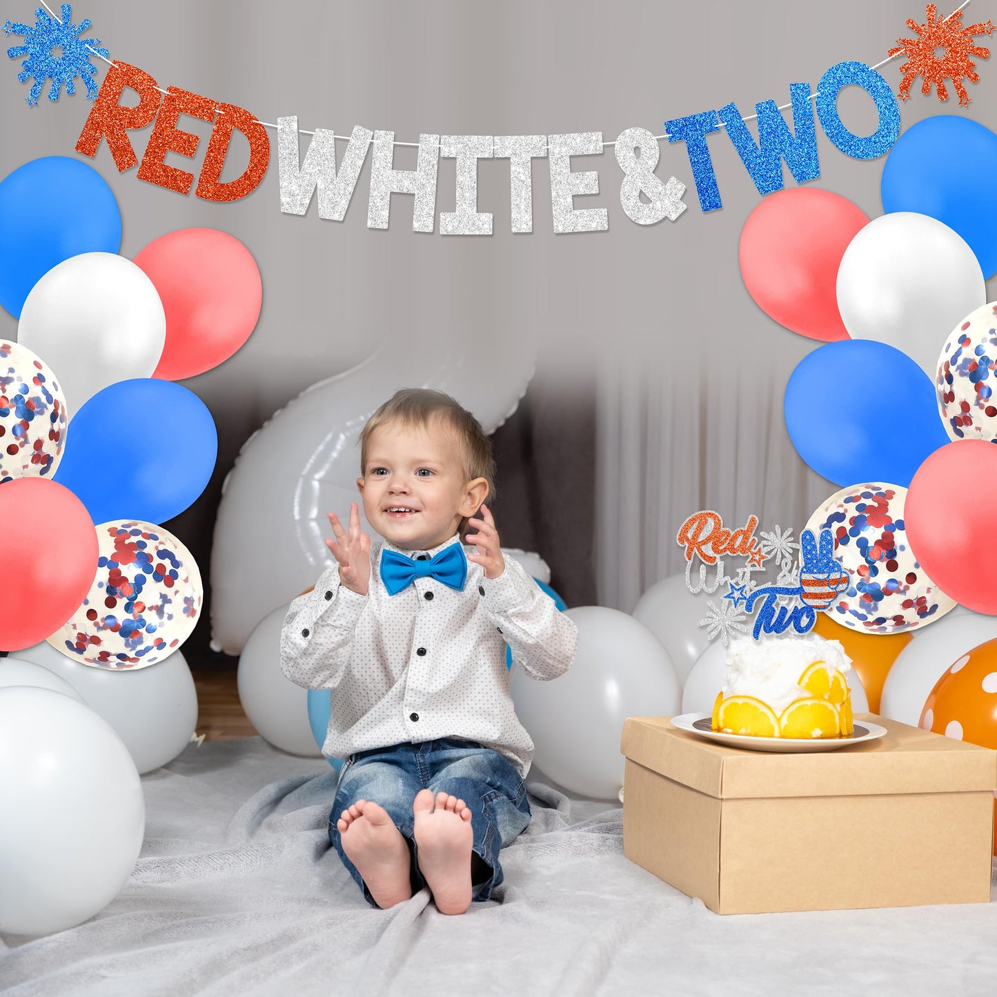 Red White & Two Birthday Decorations - 4th of July 2nd Birthday Decorations for Kids With Banner Cake Topper Cupcake Toppers Balloons