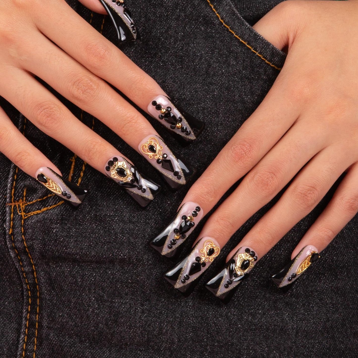 LOVFUL Press on Nails Obsidian Palace Black French Tip | Handmade with Full Covered Crystals | Reusable Fake Nails | Duck Classic Regular 1.3 in | H165-M