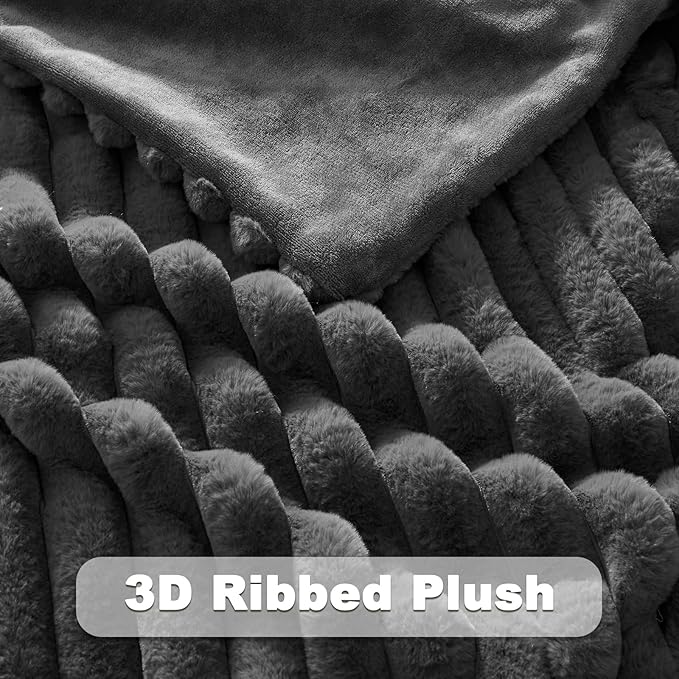NEWCOSPLAY Faux Fur Throw Blanket Grey 3D Ribbed Plush Thick Warm Blanket for Couch Sofa Bed 850GSM (Grey Ribbed, Throw(50"x60"))