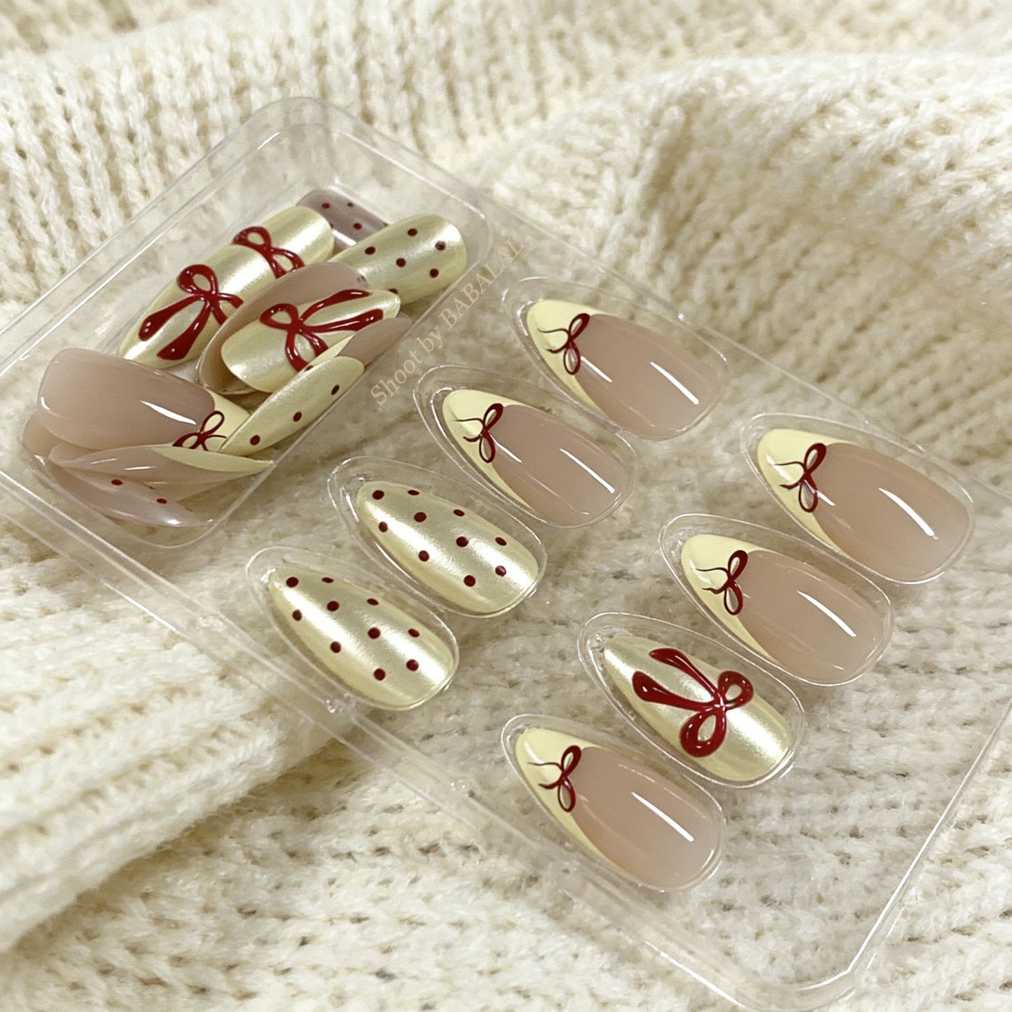 BABALAL Press On Nails, Medium Almond Fake Nails, Butter Yellow, Polka Dot, Chrome Pearl Design, 3D Red Bow, Glossy Acrylic Glue On Nails 24Pcs