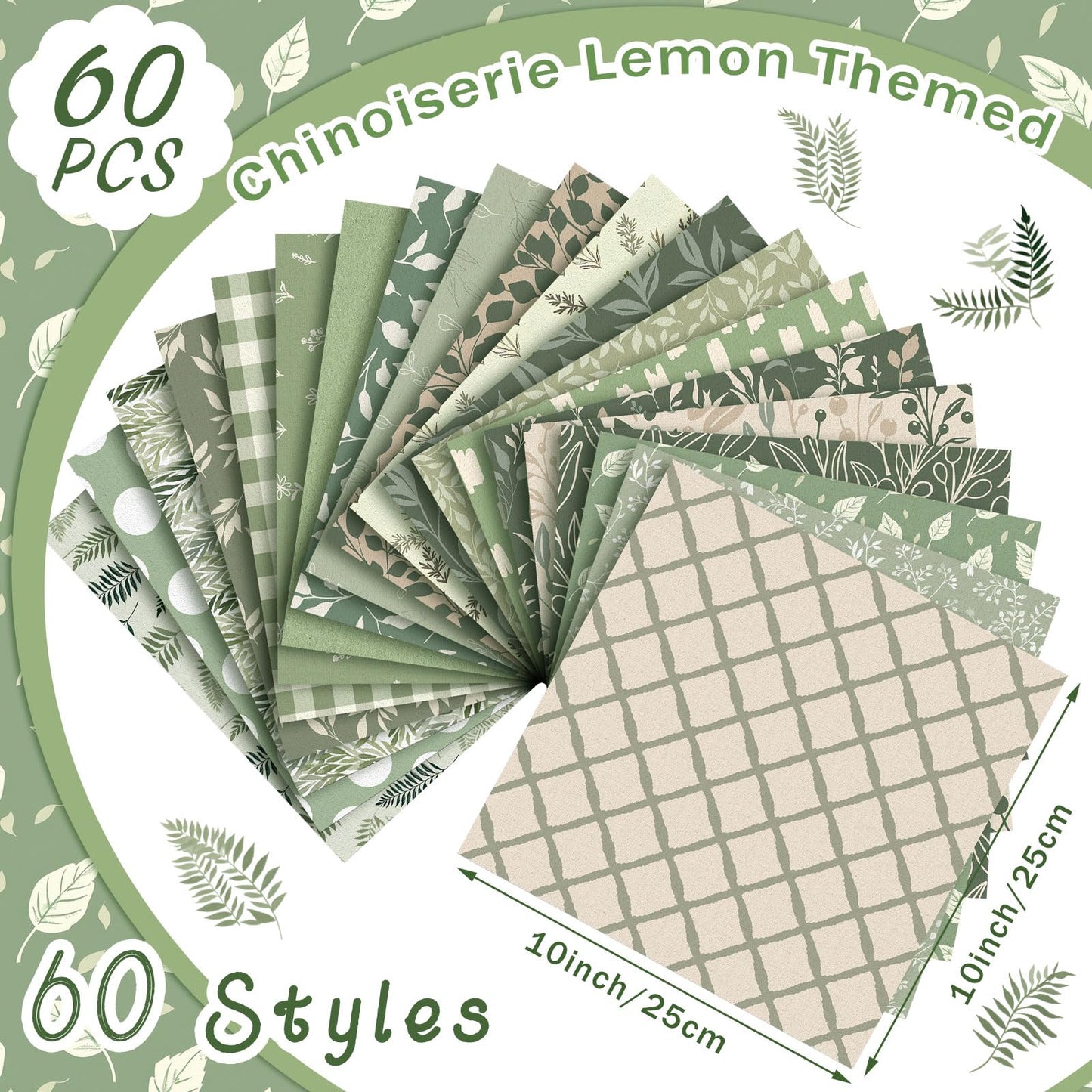 Ganeen 60 Pcs 10 x 10 Inch Sage Green Quilting Fabric Square Greenery Precuts Quilted Fabric Bundle Gingham Polka Dot Spring Leaves Printed Sewing Material for Holiday Patchwork DIY Craft Supplies