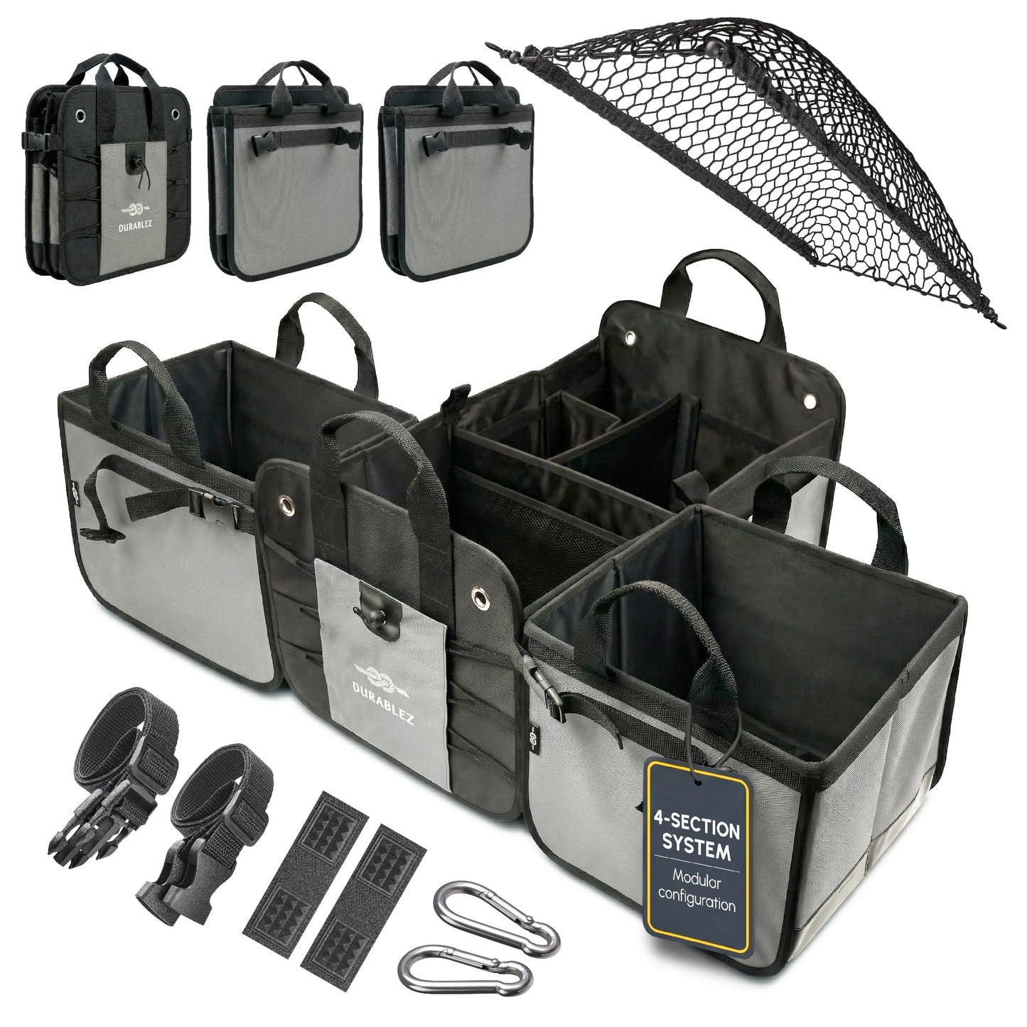 DURABLEZ Modular 4-Section XL Trunk Organizer – Car Storage for Groceries, Tools, Sports Gear, Emergency Kits – Extra Large Multi-Compartment Cargo Box, Collapsible & Heavy Duty – Gray