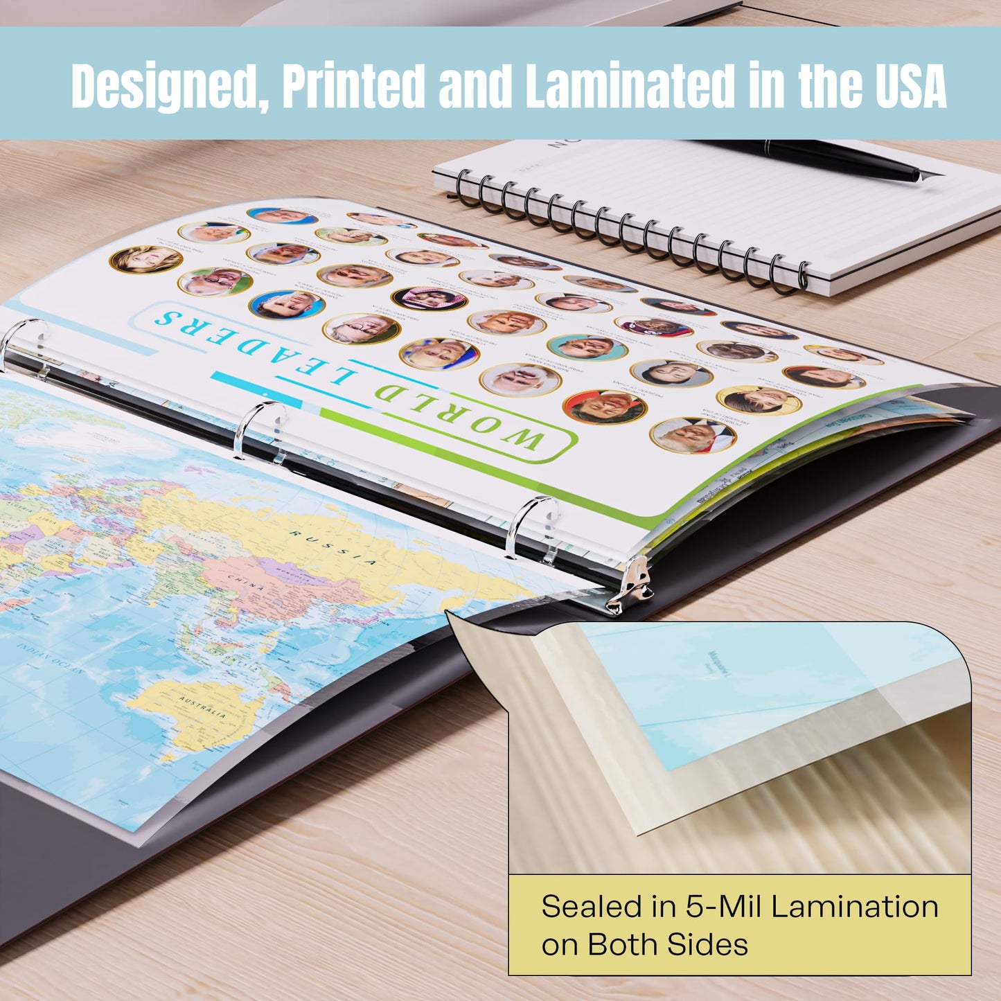 World Map & World Leaders Reference Page – Laminated, Double-Sided 3-Ring Binder Insert – Durable Gloss Global Geography & Leadership Chart for Study (2 Pack)