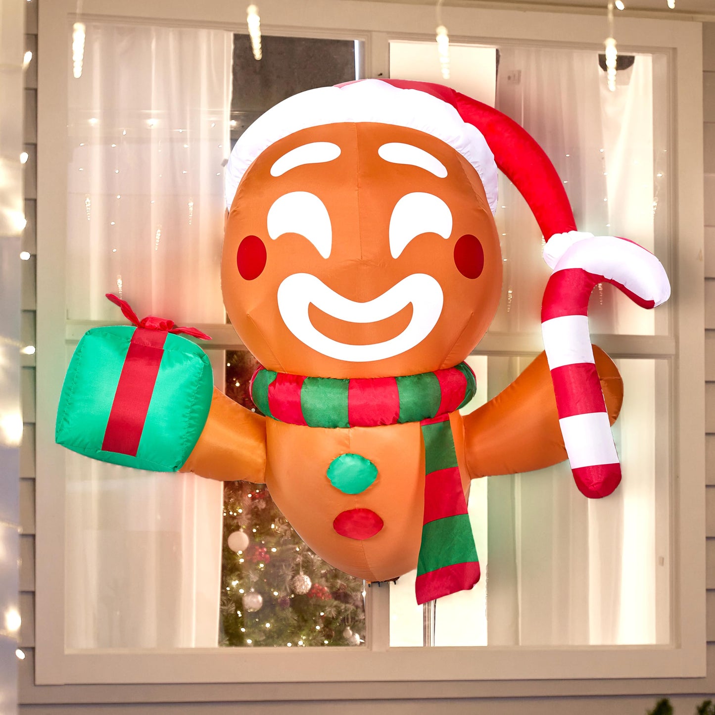 Joiedomi 3.5 FT Christmas Inflatable Gingerbread Man with Gift Box and Candy Cane Broke Out from Window, Blow Up Inflatable with Build-in LED for Window Decor, Xmas Party, Outdoor, Yard, Lawn Decor