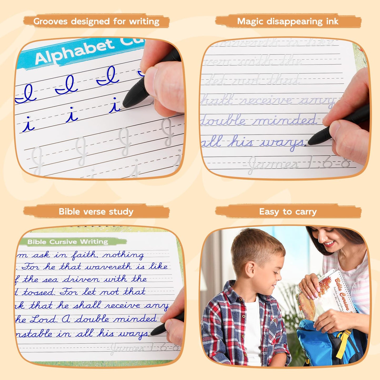 Grooved Cursive Handwriting Workbook for Kids 5-12 & Adults,Reusable Magic Practice Books with Disappearing Ink Pens,Grooved Kids Writing Book Cursive Workbook with Words Letters Bible Verses Sentence