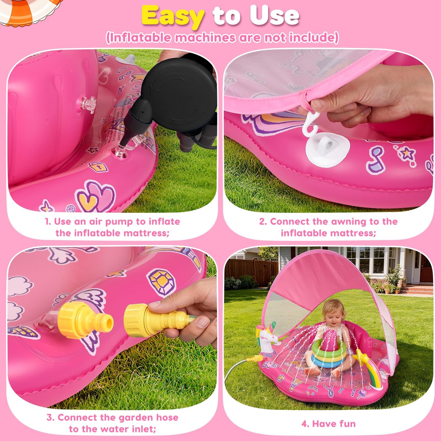 Baby Pool Float with Sprinkler, Inflatable Baby Splash Pad with Stackable Rings Game, Baby Splash Mat with Canopy & Backrest for Toddlers Garden, Beach, Backyard and Bathroom (Pink)