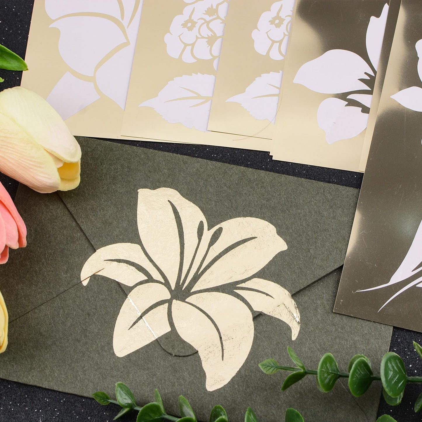 WANDIC 8 Sheets Gold Stamping Transfer Sticker Decal Furniture Flower Theme Rub on Transfers Stickers Decorative for Bookcase Postcard Scrapbooking,10 * 30cm