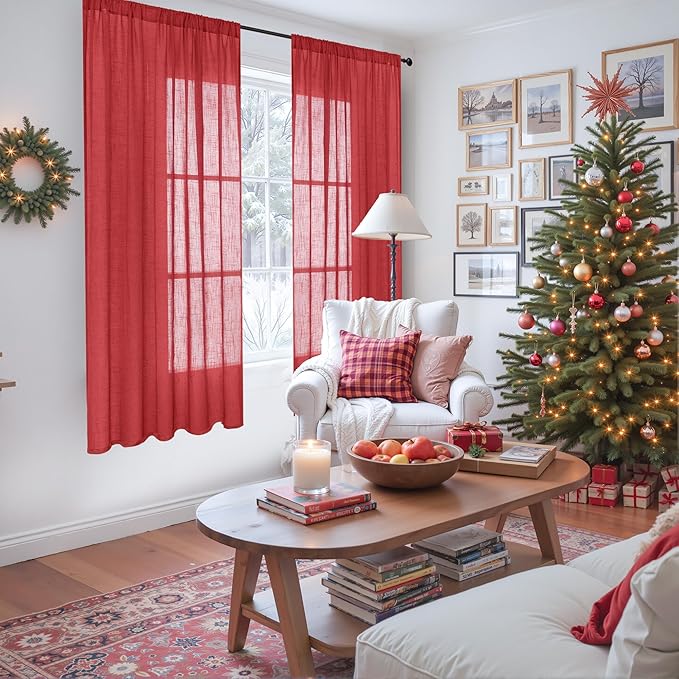 BGment Red Linen Curtains 63 Inches Long for Living Room, Semi Sheer Window Drapes Textured with Rod Pocket for Bedroom Dining Room Lightweight, 2 Panels Set, Each 52 Inch Wide