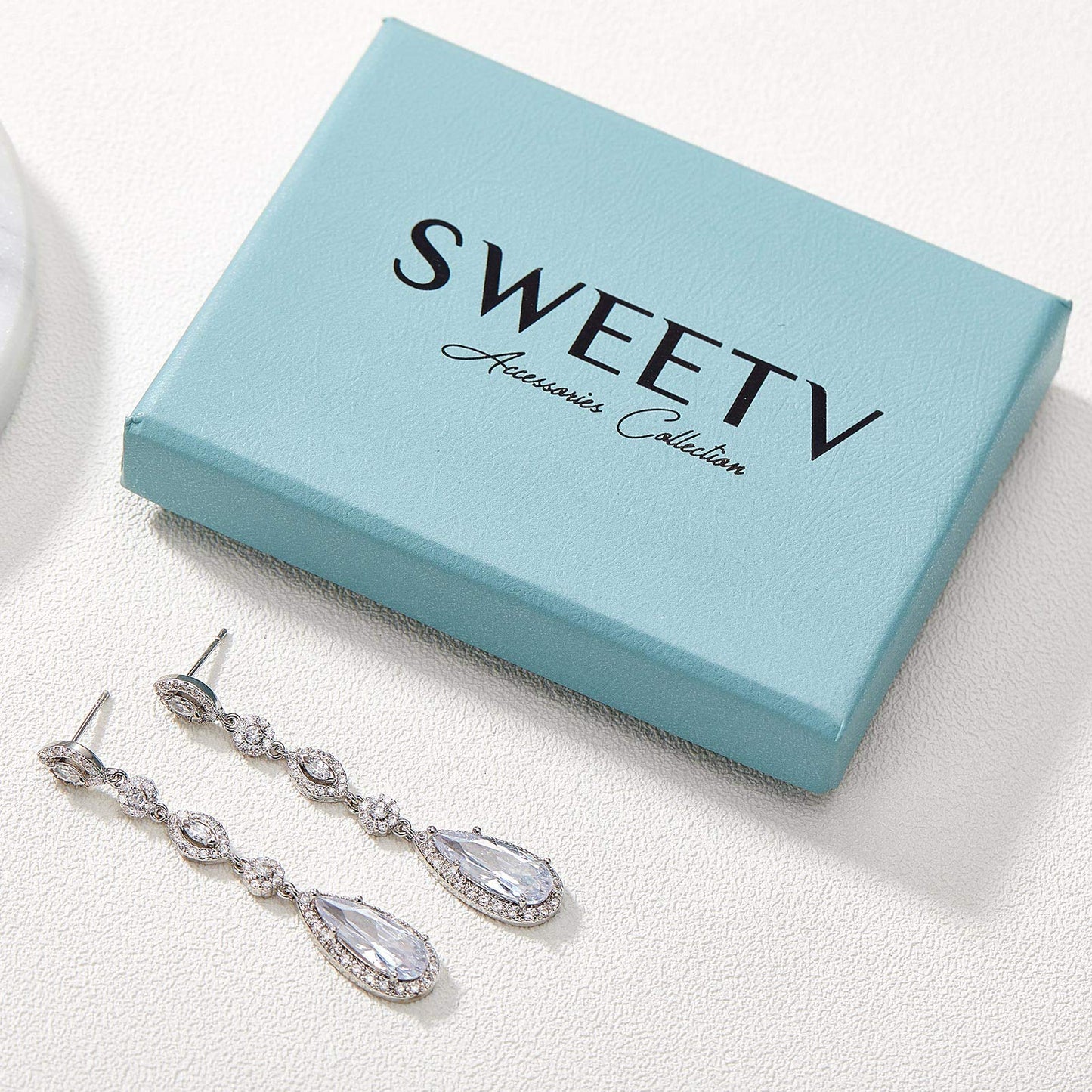 SWEETV Long Pear-Shaped Wedding Birdal Earrings for Brides, Bridesmaids, Crystal Chandelier Dangle Drop Earrings for Women Prom, Silver