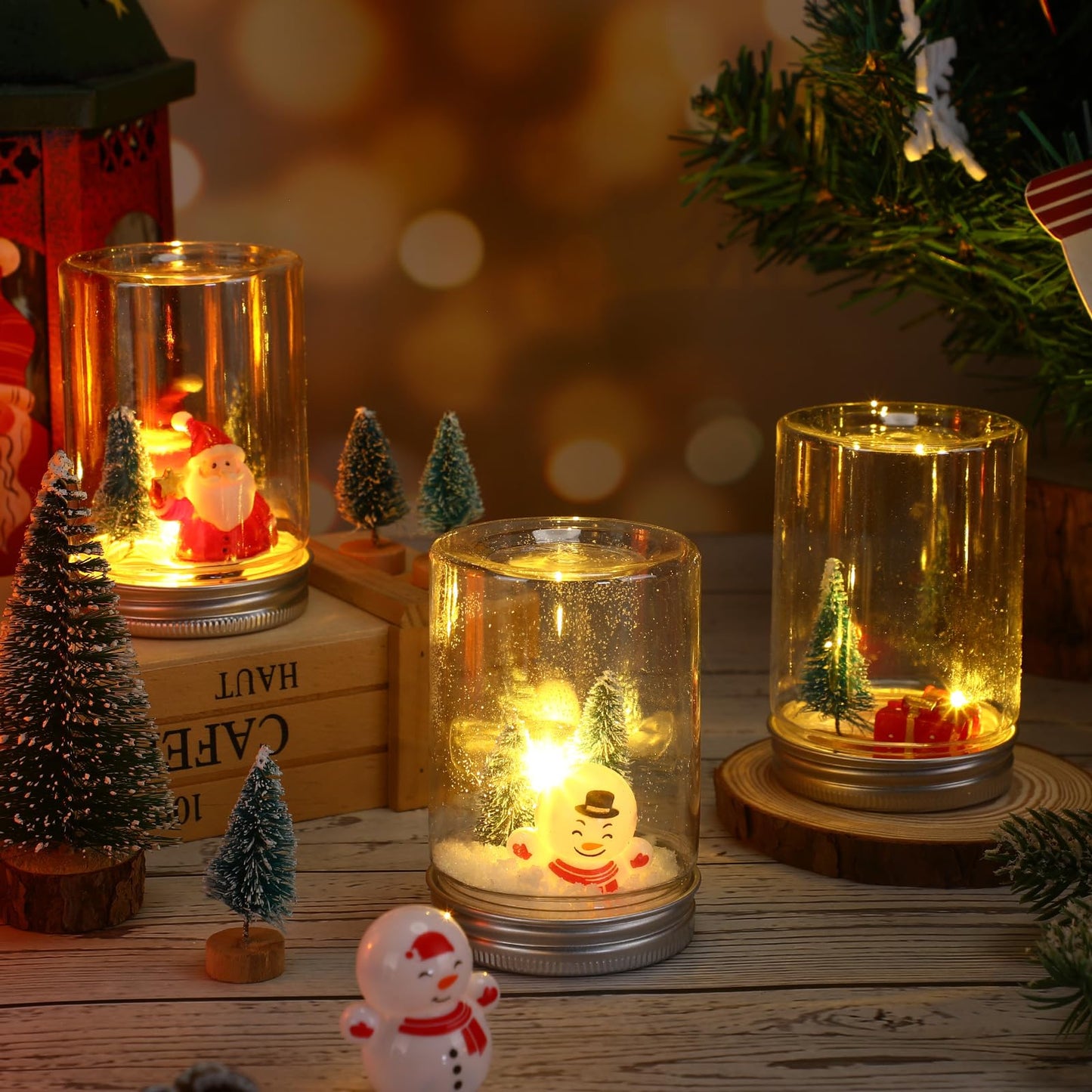 Jerify 36 Sets Christmas Plastic DIY Snow Globes Kit for Craft Adult Includes 36 Clear Snow Globe 3.1", 72 Mini Pine Tree with Base, 36 Miniature Snowman and Fake Snowflake for Table Home Xmas Decor