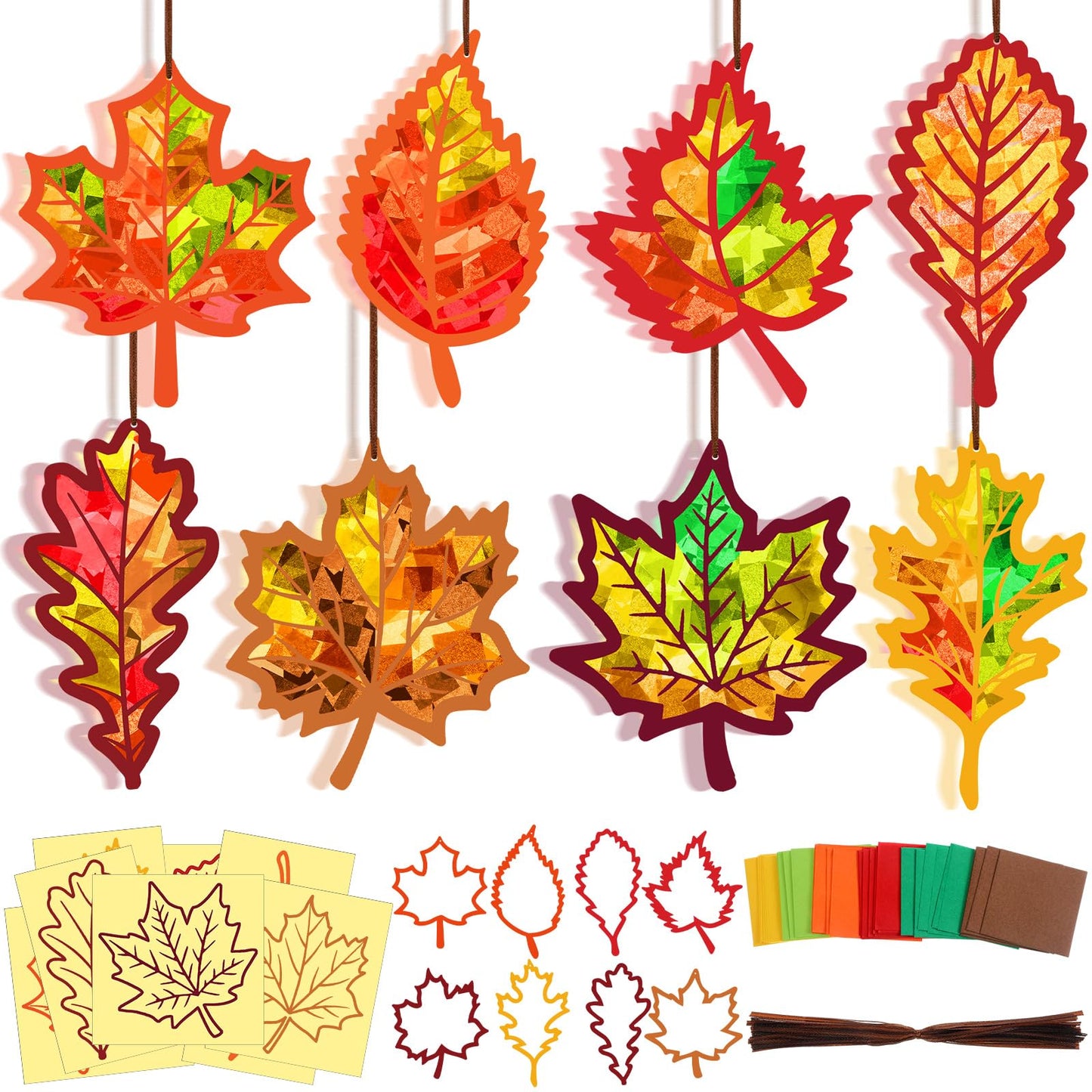 Motipuns 32 Sets Thanksgiving Day Maple Leaf Suncatchers Craft Kits DIY Fall Leaf Tissue Paper Crafts Stained Glass Effect Tissue Paper Kit for Autumn Halloween Window Art