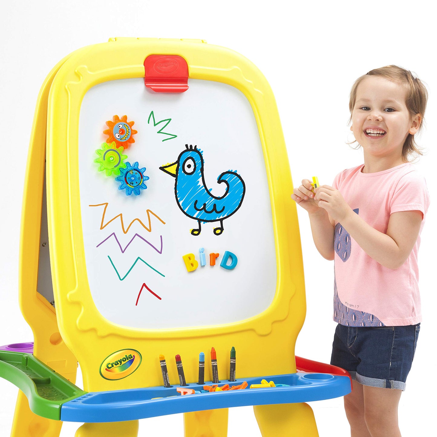 Crayola Deluxe Magnetic Double-Sided Easel – Extra Large Magnetic Dry Erase & Chalkboard – Adjustable Height Art Station with 4 Storage Bins & Paper Roll – Includes Magnets & Gears