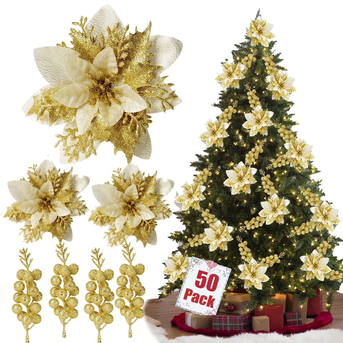 trytuny 50pcs Glitter Poinsettia Christmas Ornaments, Artificial Flowers with Clips Stems for DIY Wreath Making, Holiday Home Party Decorations, Indoor Use (Gold)