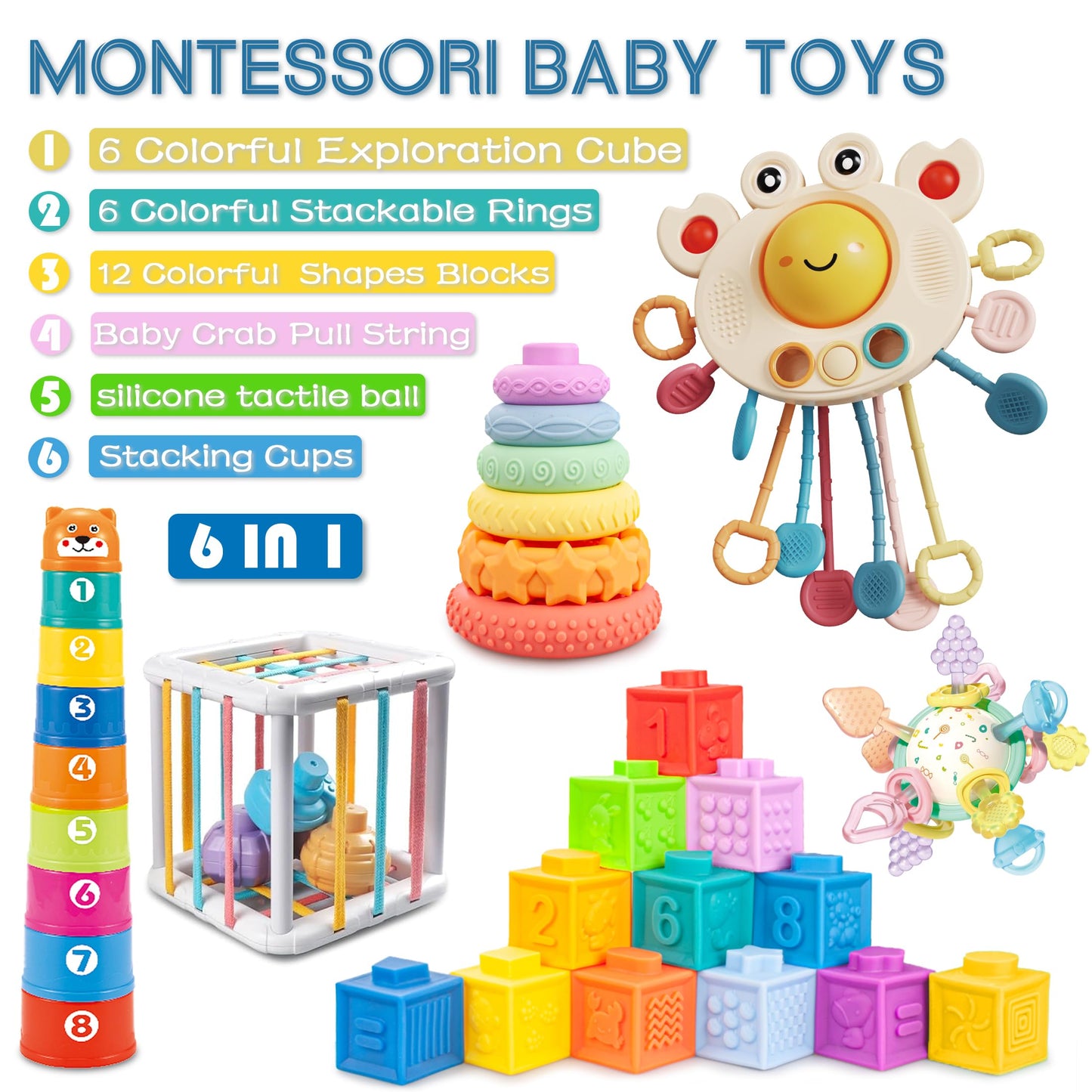 6 in1 Montessori Baby Toys 6-12 Months，Montessori Toy for Babies 6-12 Months，Incl 12pc Building Blocks &Silicone Pull String & Sensory Cube & Manhattan Ball& 2 Stacking Toys. Baby Development Toys