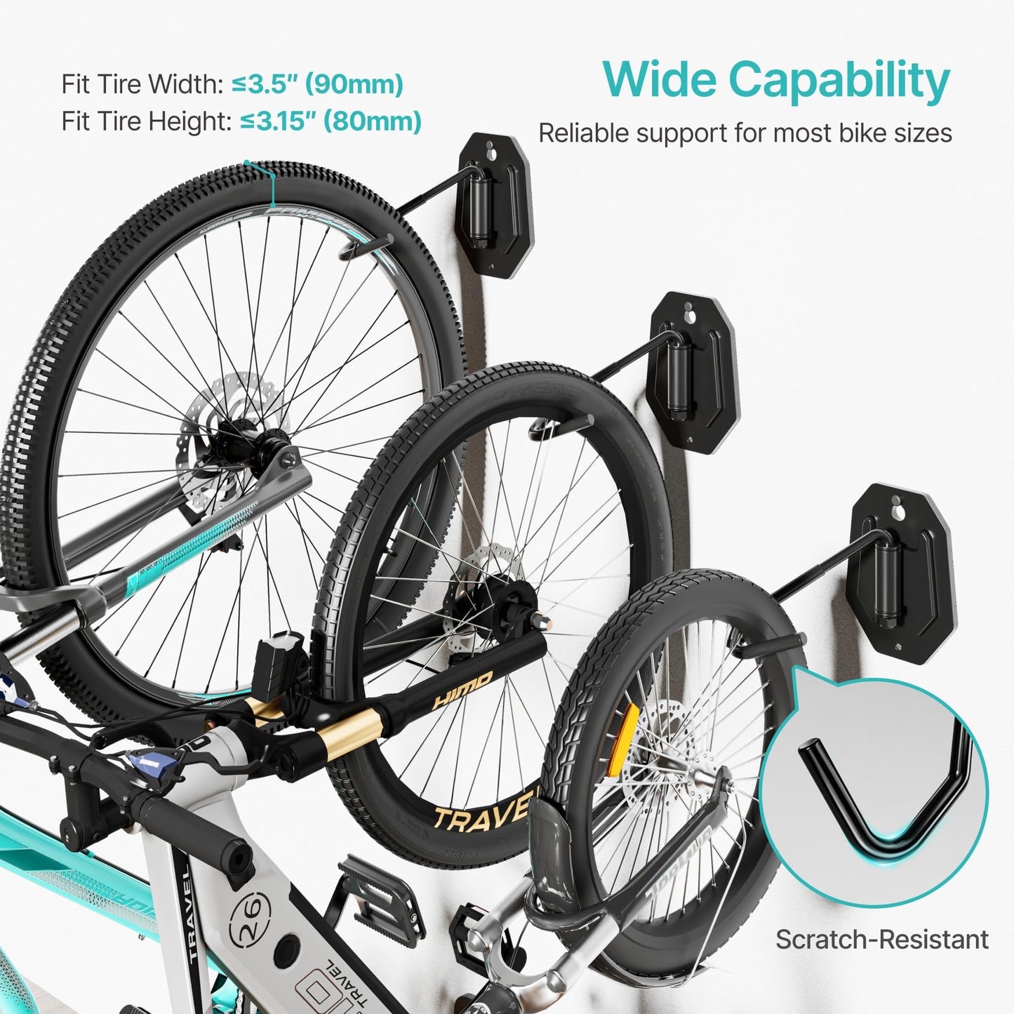 PEGZONE Swivel Bike Wall Mount, Heavy Duty Vertical Bike Rack with Fixed Hooks for Garage Storage, Wall Mounted Bicycle Hangers Holds up to 77 lbs for Indoor, 4 Pack