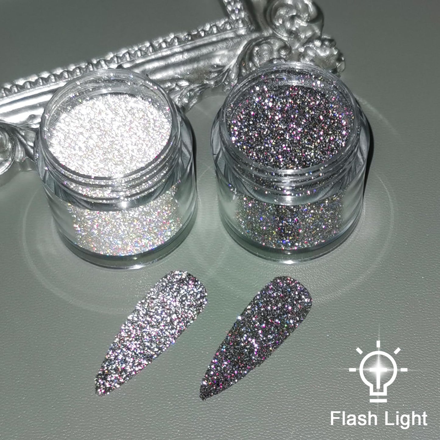 Furtherpretty Reflective Glitter Powder for Nails, 2PCS Black & White Flash Reflective Nail Sugar Set, Sparkle Diamond Glitter Powder Dust for Party Nail Art, DIY Manicure Salon Accessories (#3 Flash)