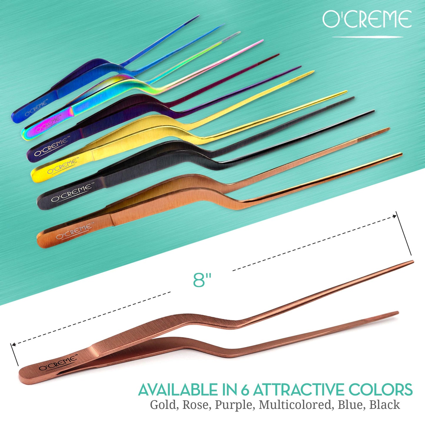 O'Creme 8 Inch Black Stainless Steel Precision Kitchen Culinary Offset Tweezer Tongs