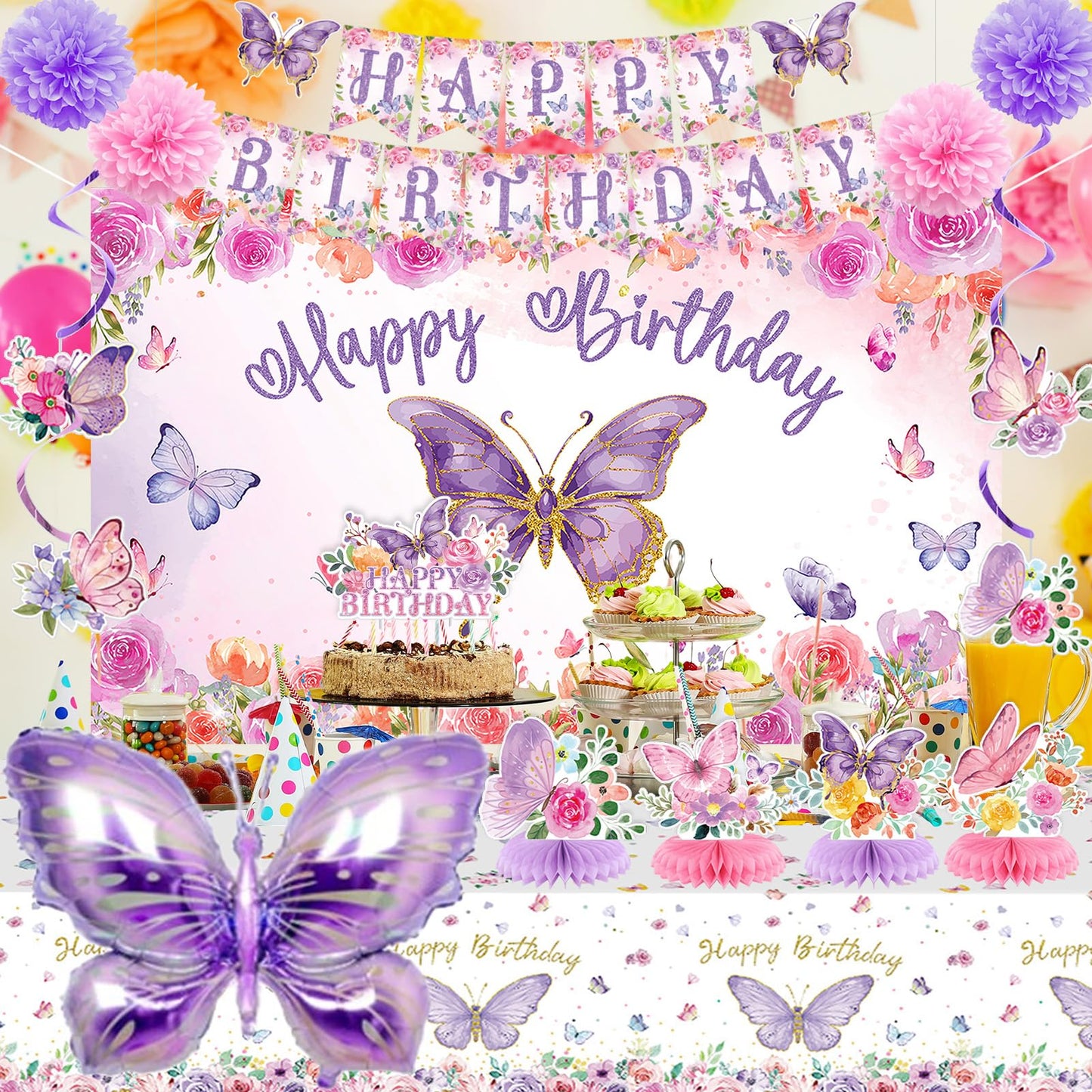 Roetyce Butterfly Decorations, 37PCS Happy Birthday Banner Balloons Honeycomb Centerpieces Cake Topper Kit, Purple and Pink Party Decorations