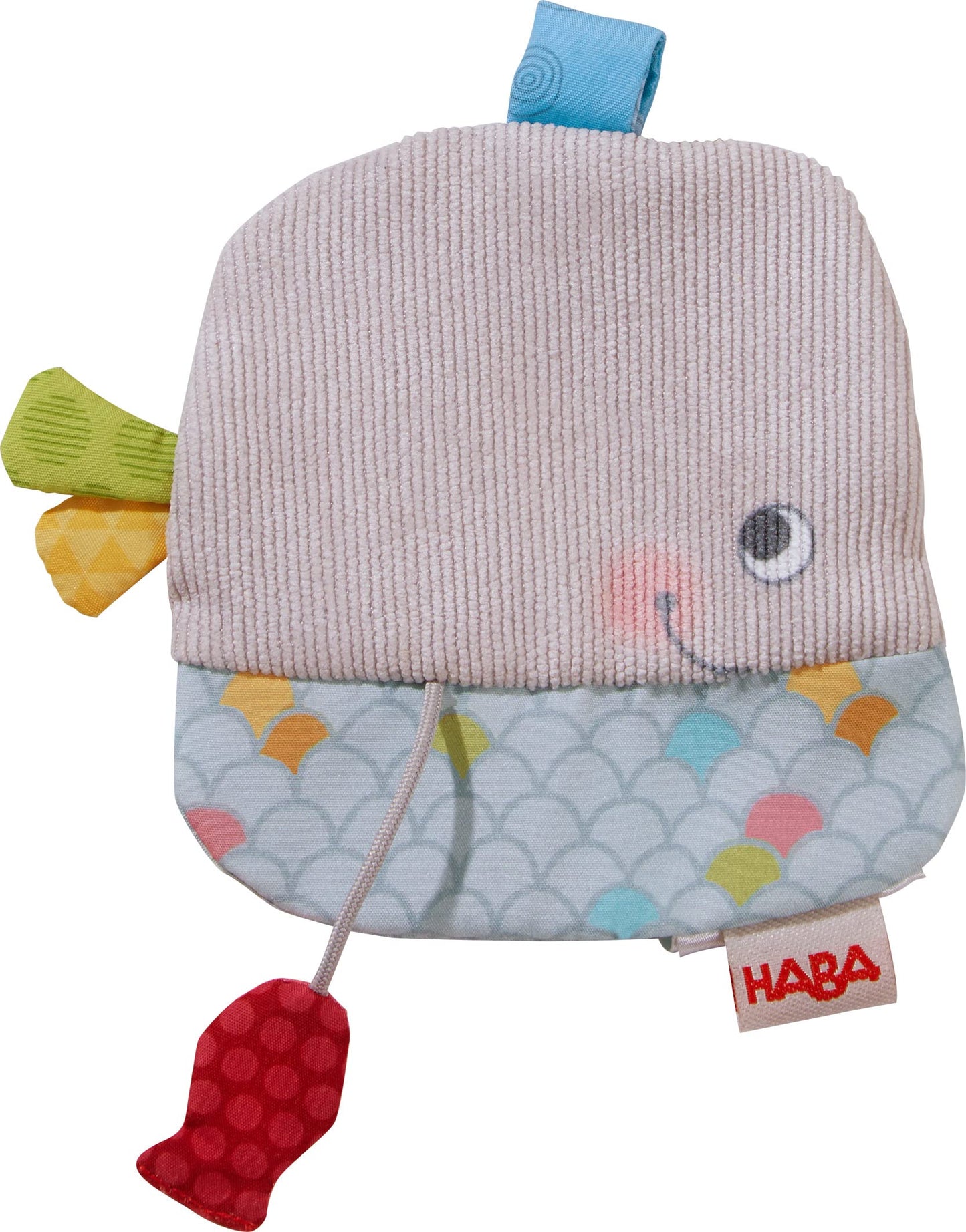 HABA Whale Lovey Crinkle Toy, Baby Soft Cloth and Baby Soother with Attached Red Fish for Sensory Play