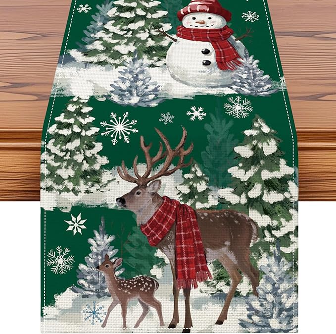 Artscope Reindeer Snowman Christmas Tree Table Runner, Xmas Winter Snowflakes Holiday Kitchen Dining Table Decoration for Christmas Home Party Decor 13x90 Inch-Green