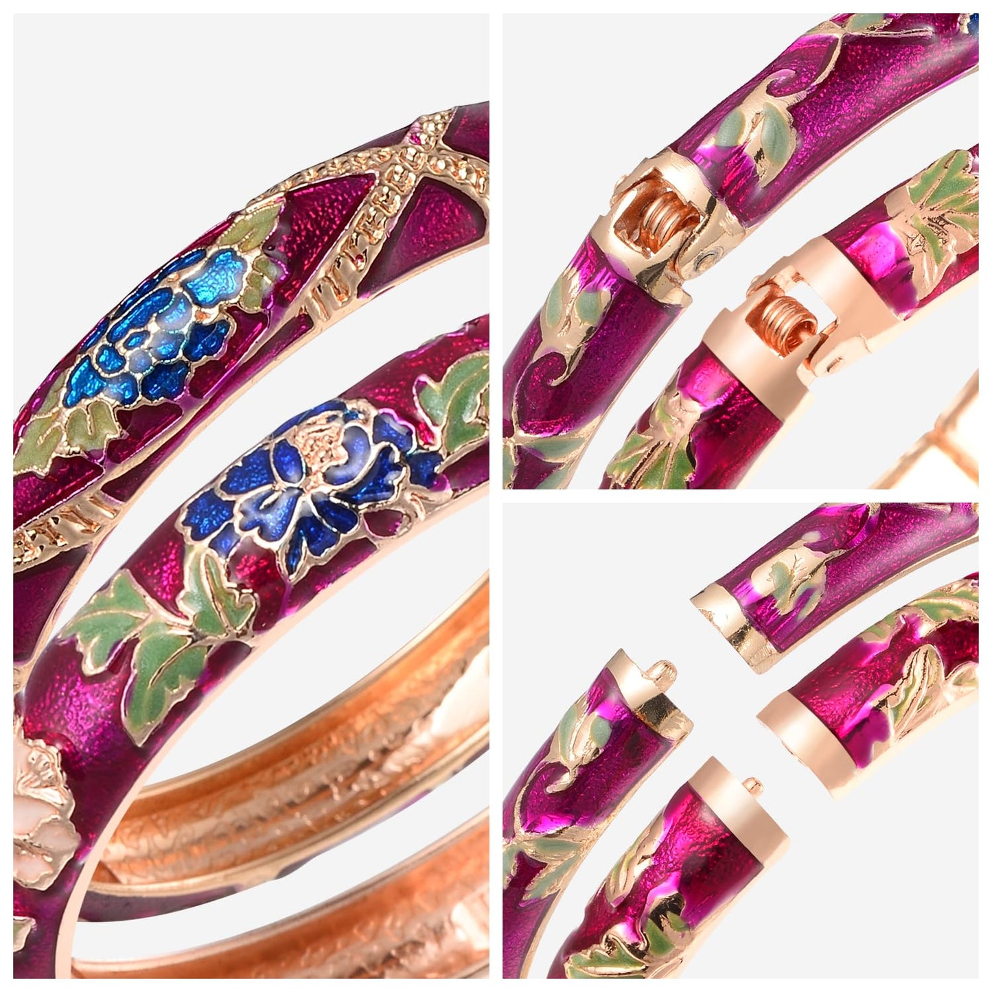 UJOY Womens Multi-Colors Cloisonne Bracelet Gold Plated Flower Enameled Hinged Cuff Bangles Jewelry Gift 55A-3PCS Purple