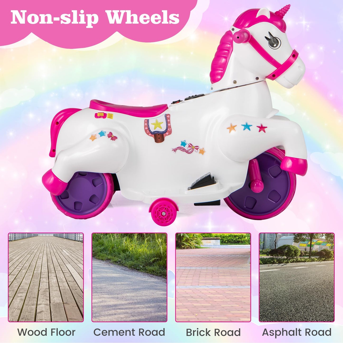 OLAKIDS 2 in 1 Ride on Motorcycle and Horse, Unicorn 6V Battery Powered Ride on Toy with Up & Down Function, MP3, Power Display, Training Wheels, Kids Electric Vehicle Aged 3-6 Years (Pink)