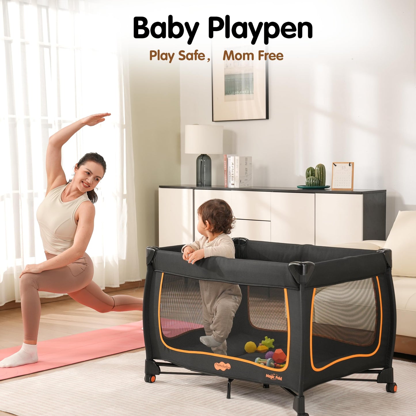 Pamo Babe 6 in 1 Baby Pack and Play with Bassinet - One-Step Setup Travel Crib, Small Portable Playpen for Babies, Portable Baby Bassinet, Changing Table, Toys Bar & Extra Large Storage Bag