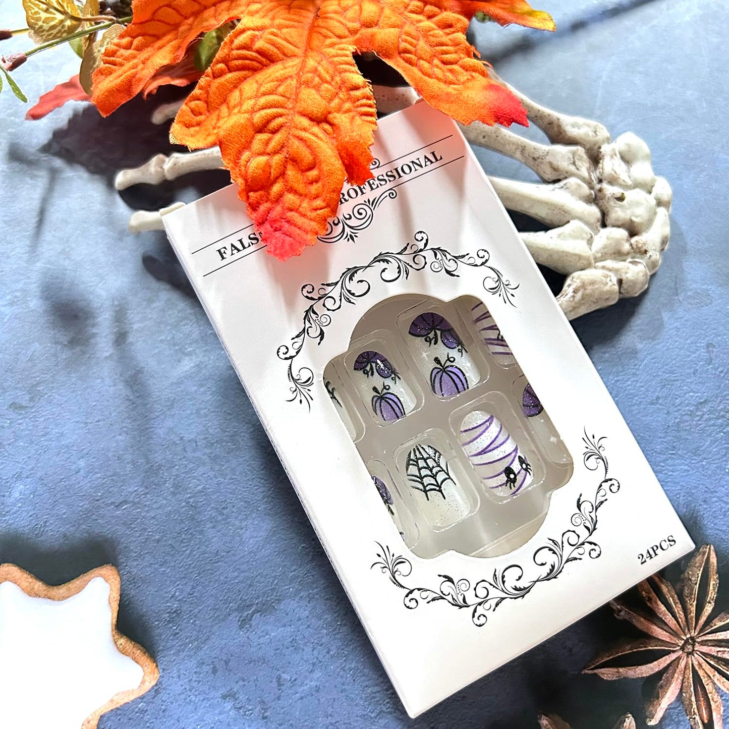 Halloween Press on Nails Short Oval Shaped Cute Ghost Pumpkin Mummy Pattern Design Halloween Nail Full Cover Artificial Acrylic False Nail French Spider Web Festival Stick on Nails for Women 24Pcs